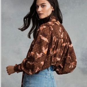 Happy Nature by Kate Hudson Bird Print Swing Boho Victorian Blouse Size Medium